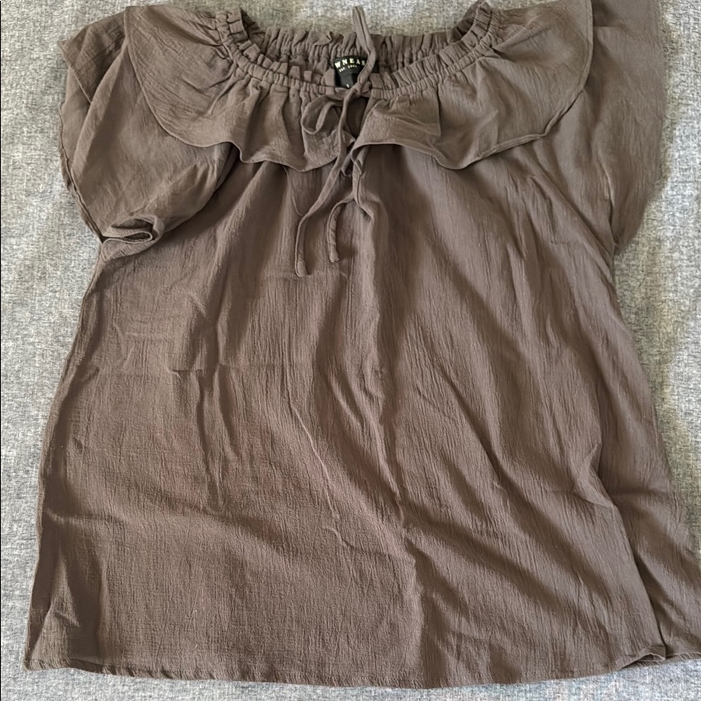 DownEast Brown Flutter Sleeve Blouse with Tie Front